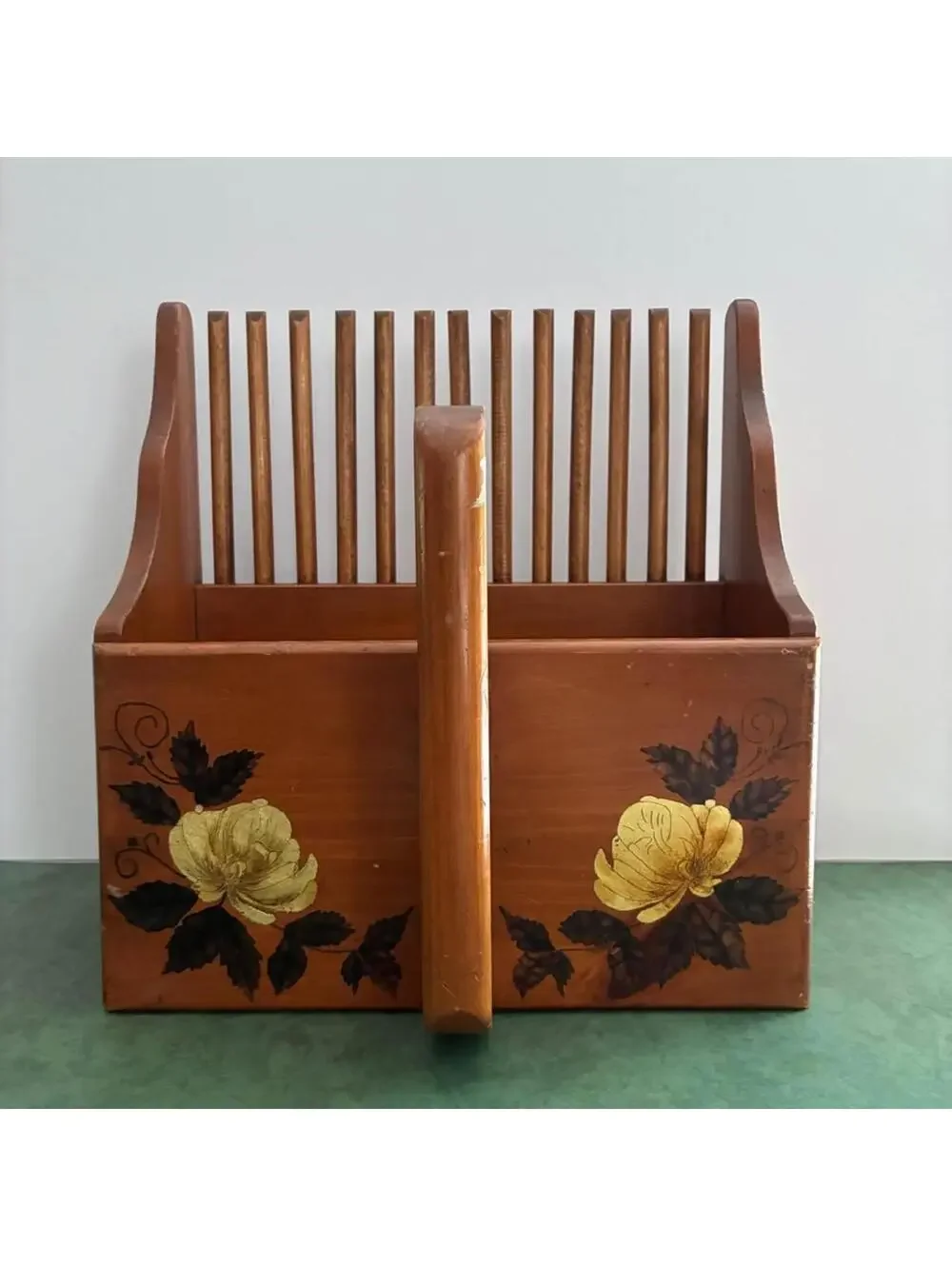 Vintage Wooden Cranberry Scoop Basket Magazine Rack Hand Painted Floral